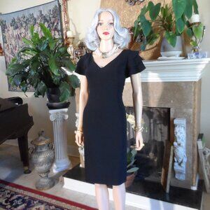 St John Couture Black V Kneck Dress w/Ruffle Detail Size 2 ( More like size 6)